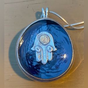 Magical Roman Blue Glass Hamsa Necklace 1/2 inch thick